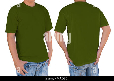 Homme portant en bronze blanc T-shirt olive avec chemin de détourage, vues avant et arrière. Modèle pour insérer un logo, motif, ou des œuvres d'art. Banque D'Images