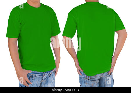 Homme portant sombre vide de couleur vert citron t-shirt with clipping path, vues avant et arrière. Modèle pour insérer un logo, motif, ou des œuvres d'art. Banque D'Images