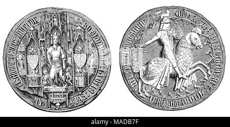 Le Grand Sceau d'Edouard III (1312 - 1377) fut roi d'Angleterre et Seigneur d'Irlande à partir de 25 janvier 1327 jusqu'à sa mort ; il est connu pour ses succès militaires et pour la restauration de l'autorité royale après la désastreuse et non orthodoxes règne de son père, Edward II. Édouard III a transformé le royaume d'Angleterre dans l'une des plus formidables puissances militaires en Europe. Son long règne de 50 ans a été la deuxième plus longue dans l'Angleterre médiévale et a vu une évolution de la législation et du gouvernement. Banque D'Images