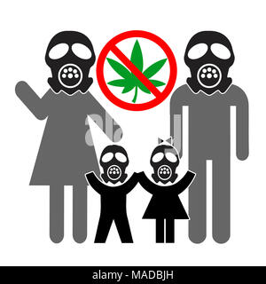 Famille avec gasmasks contre la légalisation de l'herbe pour des raisons de santé, exigeant Drug Free zone pour leurs enfants Banque D'Images