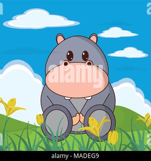 Hippo en paysage animal mignon vecteur illustration graphisme dessins Illustration de Vecteur