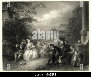 Fête de la gravure d'époque avec un joueur de flûte champêtre après la photo par Jean-Baptiste Joseph Pater Banque D'Images