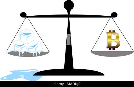 L'instabilité de la monnaie au concept d'entreprise. Cubes de glace fondante et Bitcoin sur balance. Vector illustration. Illustration de Vecteur