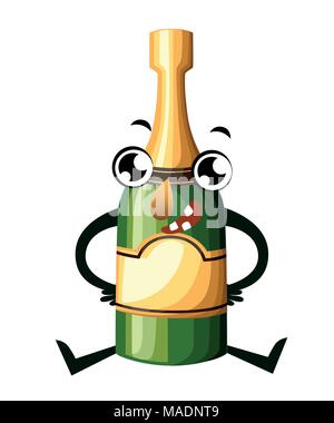 Style Cartoon character design. Mascot avec visage souriant. Bouteille de champagne. Vector illustration isolé sur fond blanc. Page de site web et mobile Illustration de Vecteur