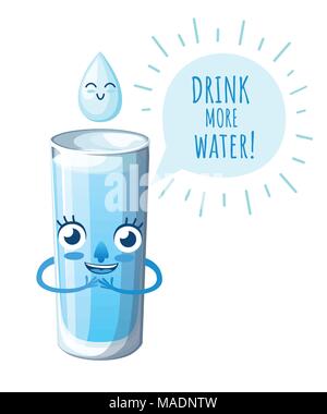 Verre d'eau. Style Cartoon character design. Mascot avec happy face. Boire plus d'eau. Vector illustration isolé sur fond blanc. Site web Illustration de Vecteur