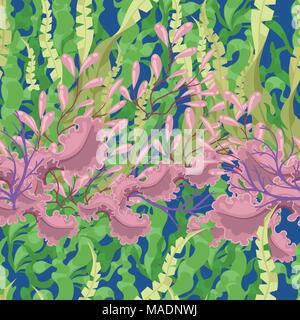 Modèle transparent avec les plantes marines, les feuilles et les algues. Algues colorées dans l'eau. Vector illustration sur fond bleu. Site Web mobile et une page Illustration de Vecteur