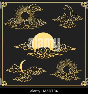 Nuages d'Orient, le soleil et la lune. Soleil d'or et la lune avec les nuages dans les vieilles boiseries de style chinois ou asiatiques traditionnelles vector illustration Illustration de Vecteur