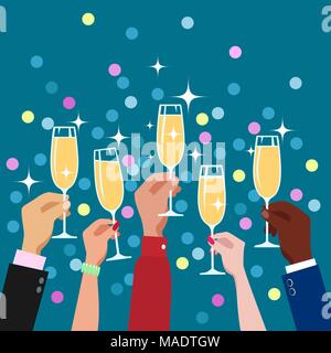 Événement de brunissage. Toasting félicitations mains avec verres de champagne célébration décoratif fun party background vector illustration Illustration de Vecteur