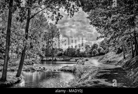 Aux côtés de l'étang de St-Fraimbault chemin sous un ciel couvert jours en été, Orne Normandie Banque D'Images