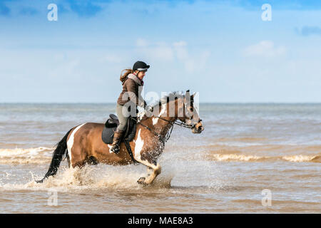 L'équitation sur la plage d'Ainsdale, Southport, Merseyside. 1er avril 2018. Pâques lumineux soleil et ciel bleu sont des conditions météorologiques parfaites pour Zoe Naysmith de prendre son cheval bien-aimé, 15 ans Casper, pour un galop sur le sable doré et la marée montante sur la plage d'Ainsdale à Southport, Merseyside. Credit : Cernan Elias/Alamy Live News Banque D'Images