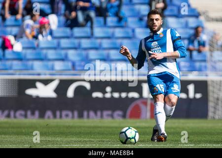 Espagne - 1er avril : RCD Espanyol le milieu de terrain David Lopez (15) pendant le match entre l'Espanyol v Alaves pour le cycle 30 de la Liga Santander, jouée au stade Cornella-El Prat sur 1e avril 2018 à Barcelone, Espagne. (Crédit : Mikel Trigueros / Urbanandsport / Presse Presse Cordon Cordon) Crédit : CORDON PRESS/Alamy Live News Banque D'Images