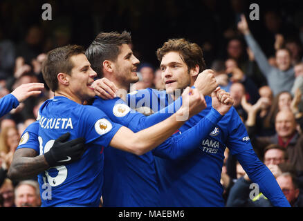 Alvaro Morata vu notation et de célébrer le premier but lors de la Premier League match entre Chelsea et Tottenham Hotspur à Stamford Bridge, le 1er avril 2018 à Londres, en Angleterre. (Photo de Zed Jameson/phcimages.com) : PHC Crédit Images/Alamy Live News Credit : PHC Images/Alamy Live News Credit : PHC Images/Alamy Live News Banque D'Images