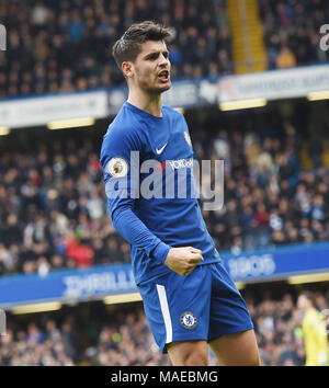 Alvaro Morata vu notation et de célébrer le premier but lors de la Premier League match entre Chelsea et Tottenham Hotspur à Stamford Bridge, le 1er avril 2018 à Londres, en Angleterre. (Photo de Zed Jameson/phcimages.com) : PHC Crédit Images/Alamy Live News Credit : PHC Images/Alamy Live News Credit : PHC Images/Alamy Live News Banque D'Images