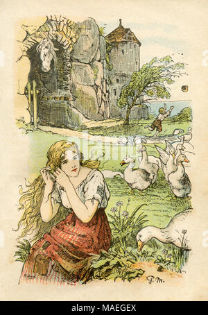 Goose Girl. Fille aux oies et la tête de cheval Falada en arrière-plan. Contes de Grimm, Paul Meyerheim, créée en 1870 (ca.), publié 1907 Banque D'Images