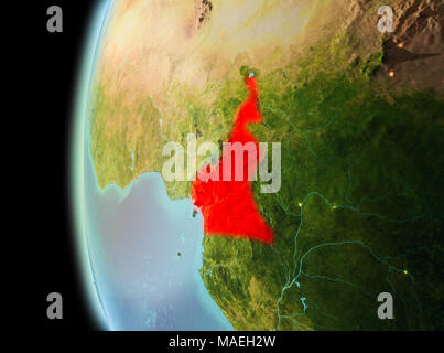 Illustration du Cameroun vu de l'orbite de la Terre en fin de soirée. 3D illustration. Éléments de cette image fournie par la NASA. Banque D'Images