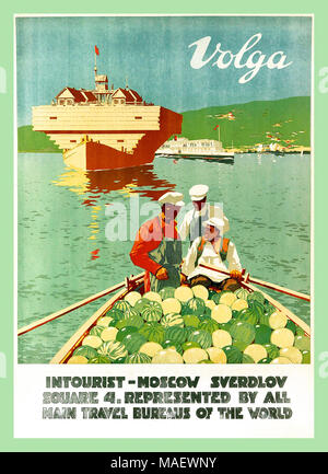 Vintage 1932 Union soviétique affiche de voyage par agence d'état Intourist pour la Volga Cruise URSS Banque D'Images