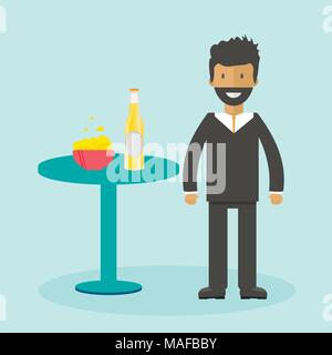 Homme avec une bouteille de bière, des tasses et verres. Icône vecteur avec les boissons alcoolisées. Bière de froment, lager, bière artisanale, l'ale. Illustration de Vecteur