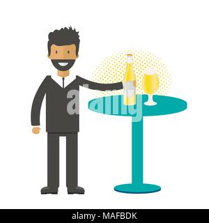 Homme avec une bouteille de bière, des tasses et verres. Icône vecteur avec les boissons alcoolisées. Bière de froment, lager, bière artisanale, l'ale. Illustration de Vecteur