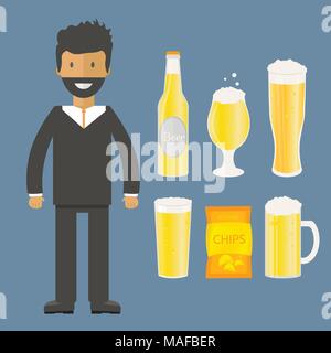 Homme avec une bouteille de bière, des tasses et verres. Icône vecteur avec les boissons alcoolisées. Bière de froment, lager, bière artisanale, l'ale. Illustration de Vecteur