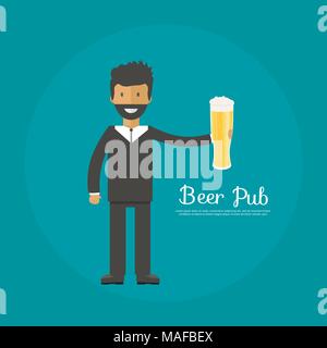 Homme avec une bouteille de bière, des tasses et verres. Icône vecteur avec les boissons alcoolisées. Bière de froment, lager, bière artisanale, l'ale. Illustration de Vecteur