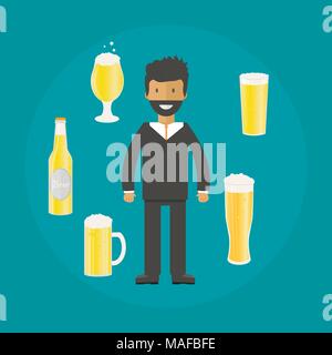 Homme avec une bouteille de bière, des tasses et verres. Icône vecteur avec les boissons alcoolisées. Bière de froment, lager, bière artisanale, l'ale. Illustration de Vecteur