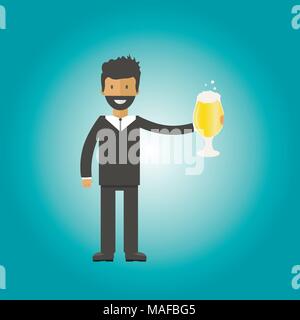 Homme avec une bouteille de bière, des tasses et verres. Icône vecteur avec les boissons alcoolisées. Bière de froment, lager, bière artisanale, l'ale. Illustration de Vecteur
