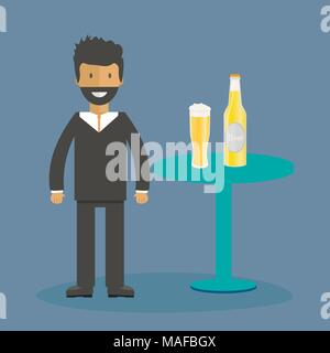 Homme avec une bouteille de bière, des tasses et verres. Icône vecteur avec les boissons alcoolisées. Bière de froment, lager, bière artisanale, l'ale. Illustration de Vecteur