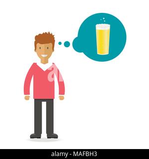 Homme avec une bouteille de bière, des tasses et verres. Icône vecteur avec les boissons alcoolisées. Bière de froment, lager, bière artisanale, l'ale. Illustration de Vecteur