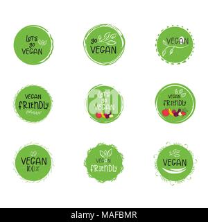 Jeu de vector, eco bio logo vert ou le signe. Badge vegan aliments sains, tag pour café, restaurants, produits d'emballage. Dessinés à la main, feuilles, branches, plan Illustration de Vecteur