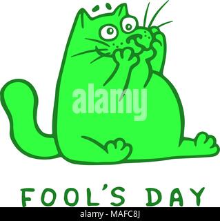 Cartoon chat vert gras fait un visage fou. 1 avril maison de vacances. Fool's day. Vector Illustration. Illustration de Vecteur