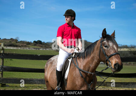 Beau mâle Horse Rider à cheval avec un casque, un pantalon blanc, des bottes noires et rouges sur fond de ciel bleu polo en paddock Banque D'Images