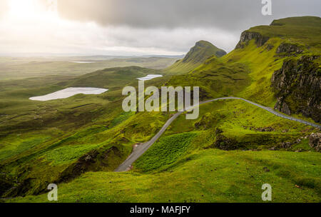 Vue panoramique du Quiraing, île de Skye, en Ecosse. Banque D'Images