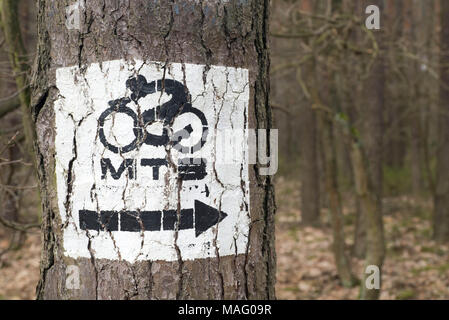 Signe de vélo sur tronc d'arbre dans la forêt Banque D'Images