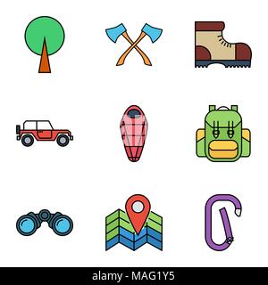 Gîte vector icon set pour le web et les applications mobiles. L'ensemble inclut - arbre, axes, chaussures, voiture tout terrain de camping, sac de couchage, bagpack,map borne, bi Illustration de Vecteur