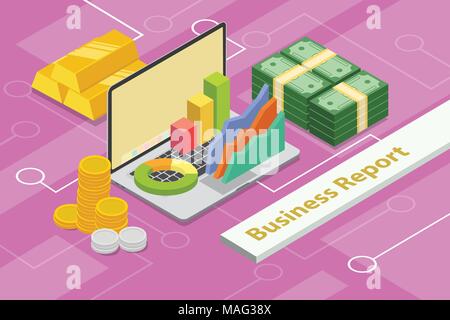 Rapport d'entreprise concept 3D isométrique avec ordinateur portable et carte graphique et de pièces d'or Illustration de Vecteur