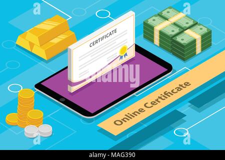 Concept de certification en ligne 3D isométrique avec des apps tablet et d'argent Illustration de Vecteur