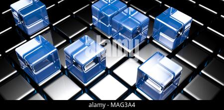 Cubes de verre bleu sur noir cubed - surface de rendu 3D Banque D'Images