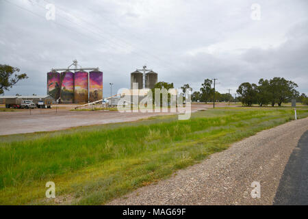 Les silos à Thallon dans le Queensland, l'Australie qui ont créé des murales sur eux comme une attraction touristique, représentant la région de la rivière moonie Banque D'Images