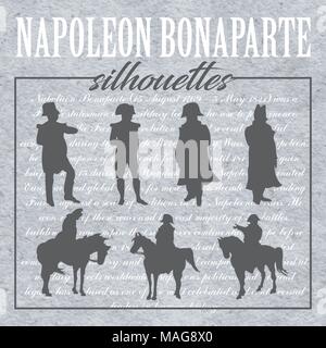 Silhouettes de Napoléon Bonaparte dans différentes poses et positions comme à cheval ou à l'arrêt Illustration de Vecteur