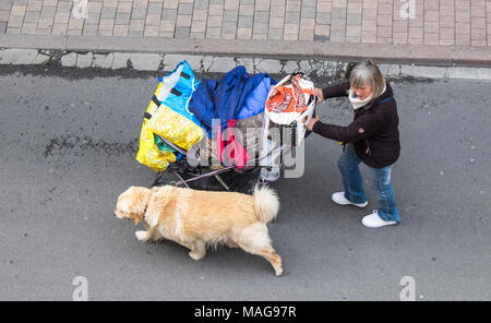 Down and Out,femme,avec,balades,chien,ville,street,avec,trolley,la pram,de,Sacs,biens,France,de France,French,Europe,Europe, Banque D'Images