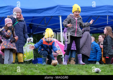 Preston, Royaume-Uni. 2 avril, 2018. C'était un jour froid et humide sur l'Avenham Park dans la région de Preston, le lieu de l'oeuf de Pâques traditionnel événement matériel roulant. C'est normalement l'un des plus grands événements de Preston de l'année. Malgré le mauvais temps les gens de Preston toujours en grand nombre, quoique moins que d'habitude pour profiter de l'oeuf et d'animations tout au long de la journée. La tradition des œufs de roulement vers le bas l'herbe des collines du parc remonte à des centaines d'années et est parfois appelée 'rythme' egging. Crédit : Paul Melling/Alamy Live News Banque D'Images