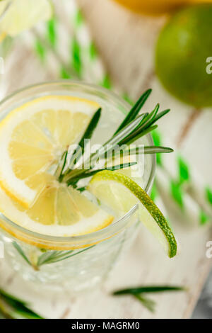 Boisson alcoolisée avec citron et rosemain, dans les verres sur une table lumineuse Banque D'Images