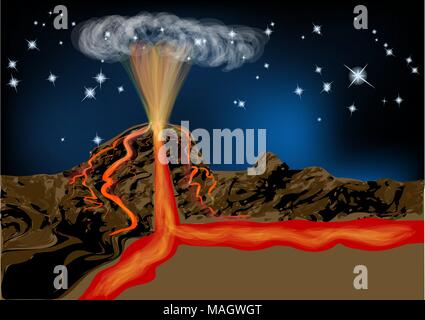 L'article d'un volcan contre le ciel étoilé Illustration de Vecteur