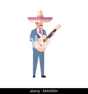 La musique mexicaine avec guitare homme porter le costume traditionnel et Sombrero Hat isolé sur fond blanc Illustration de Vecteur