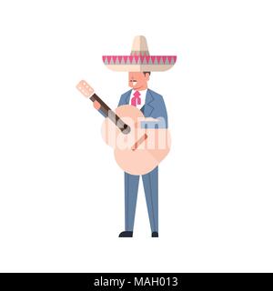 L'homme du Mexique avec guitare en vêtements traditionnels et Sombrero isolé sur fond blanc Illustration de Vecteur