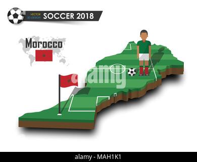 L'équipe nationale de football du Maroc . Joueur de football et d'un drapeau sur la conception 3D Carte pays . fond isolé . Vecteur de championnat du monde international t Illustration de Vecteur