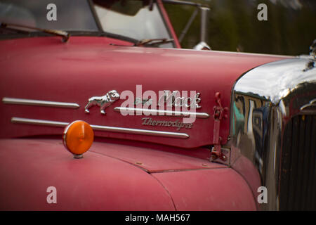 Détail : 'chromé B-75 Mack Thermodyne' logo sur le capot d'une rouge Mack B-75 plateau ridelle camion de travail, près de Noxon, Montana. Banque D'Images