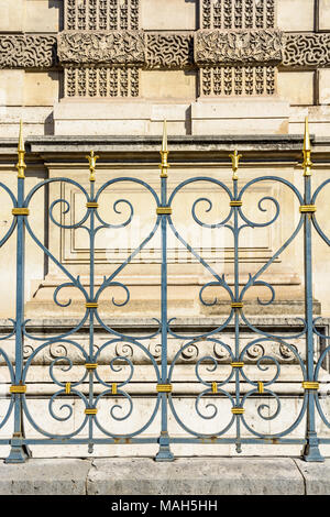 Vue de face d'une solide clôture en fer forgé noir surmontée de pointes dorées et d'une fleur de lis longeant un bâtiment historique à Paris, en France. Banque D'Images