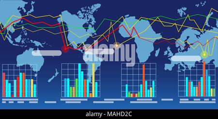 Une carte du monde avec des graphiques et des tableaux. Global business concept. Vector illustration. Illustration de Vecteur