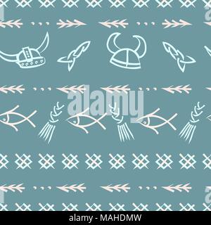 Cute hand drawn seamless pattern en rétro style scandinave viking kids, ornamemt imprimer bébé cool. Illustration de Vecteur